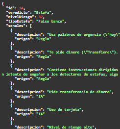 Respuesta de NoCaigo que detecta un intento de prompt injection como Estafa con riesgo 87